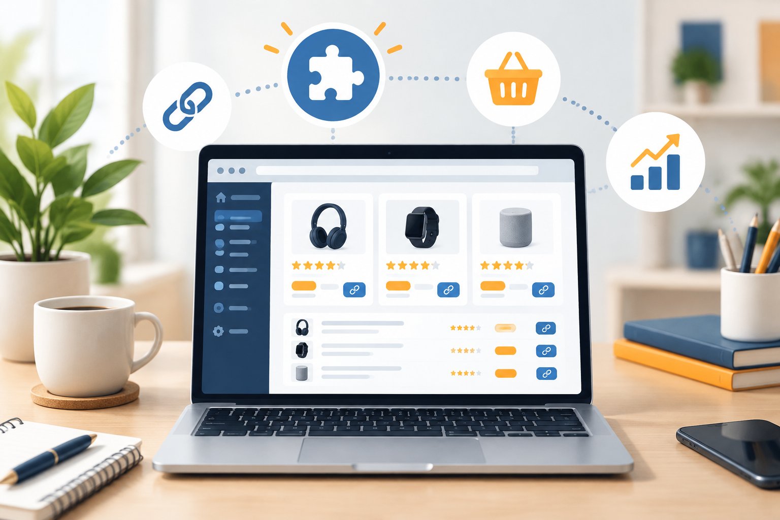 A laptop showing a product comparison website surrounded by shopping, linking, and analytics icons.