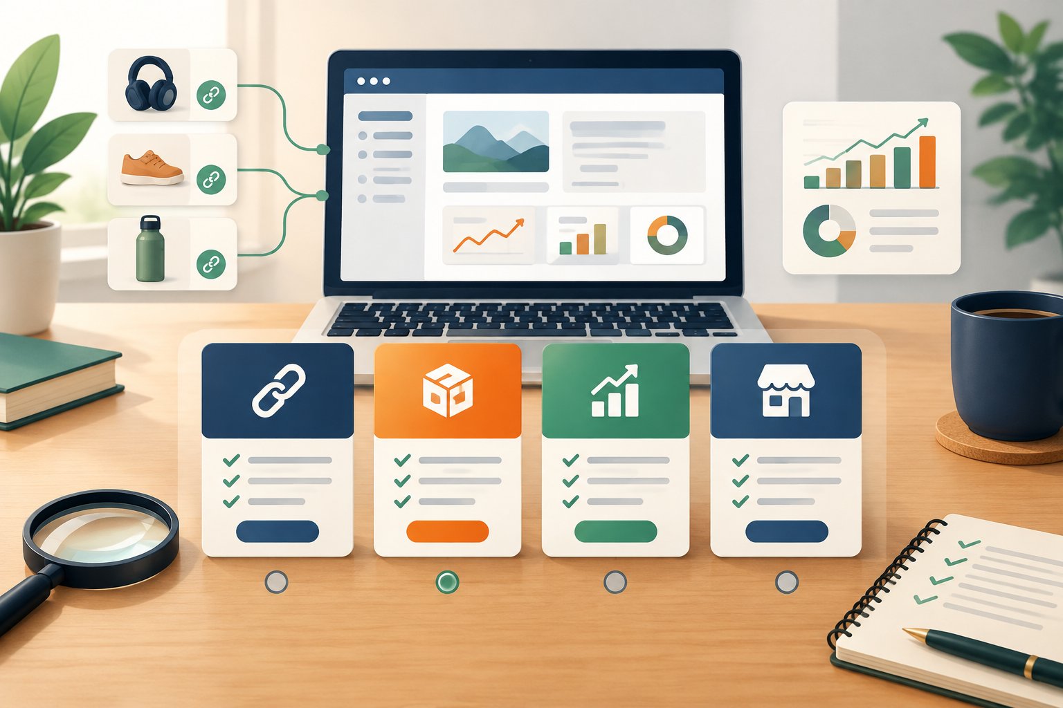 A laptop dashboard compares four affiliate tools alongside product cards and review symbols.